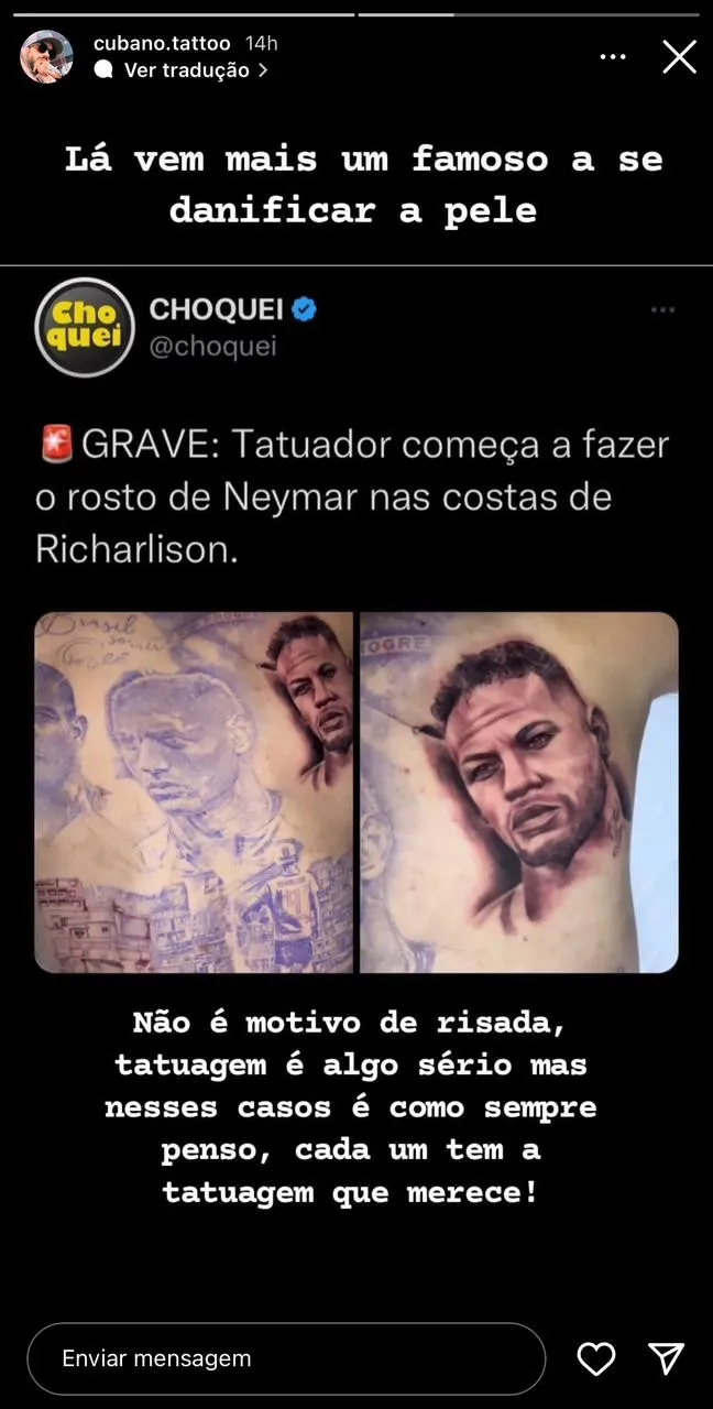 Adão Rosa, tatuador de Neymar, defende tatuagem de Richarlison: 'Arte não tem padrão'