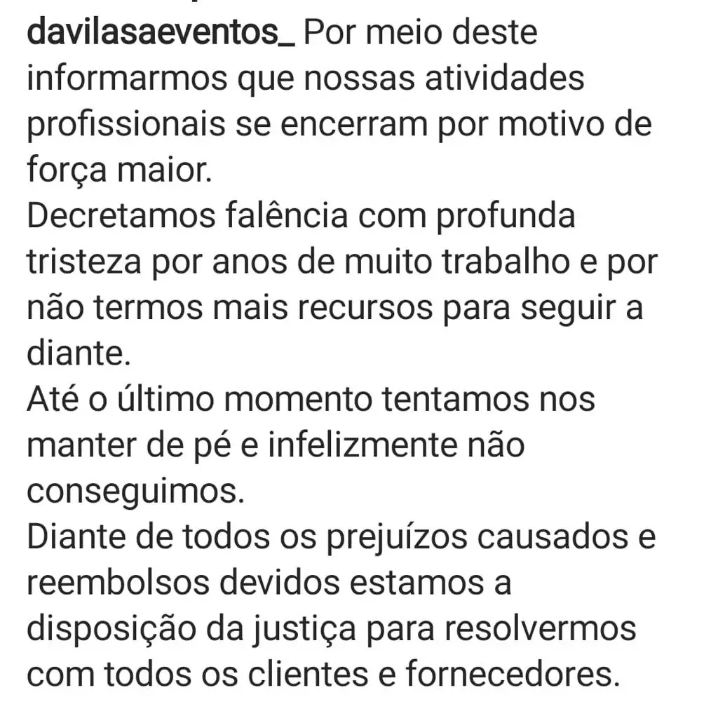 Print de publicação onde dávila sá diz que foi à falência