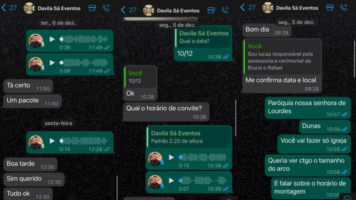 Print de mensagens entre cerimonialista e decoradora