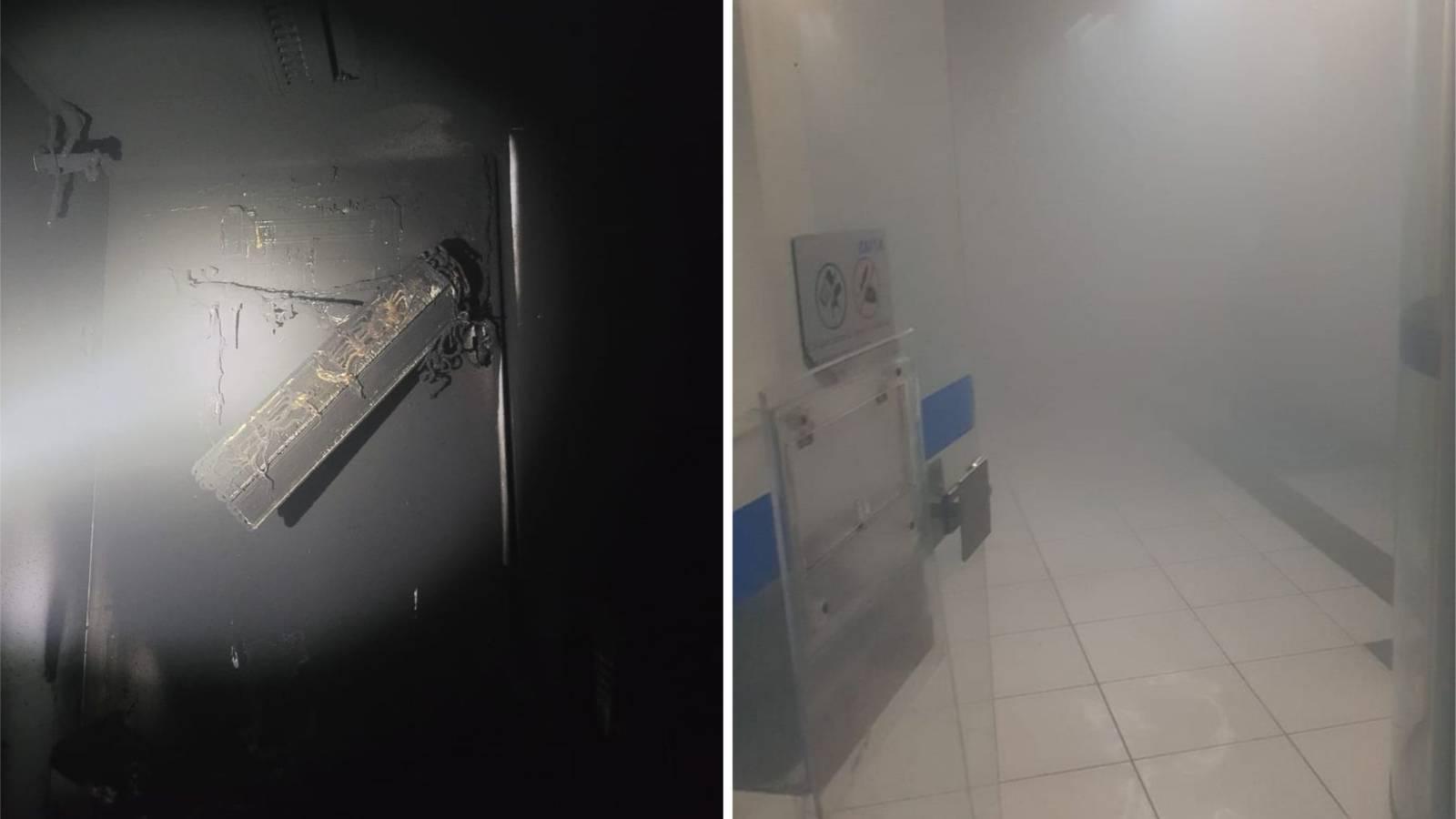 Montagem de duas imagens mostra aparelho de ar-condicionado danificado e fumaça após curto-circuito ser registrado em agência da Caixa em Boa Viagem no dia 14 de dezembro de 2022