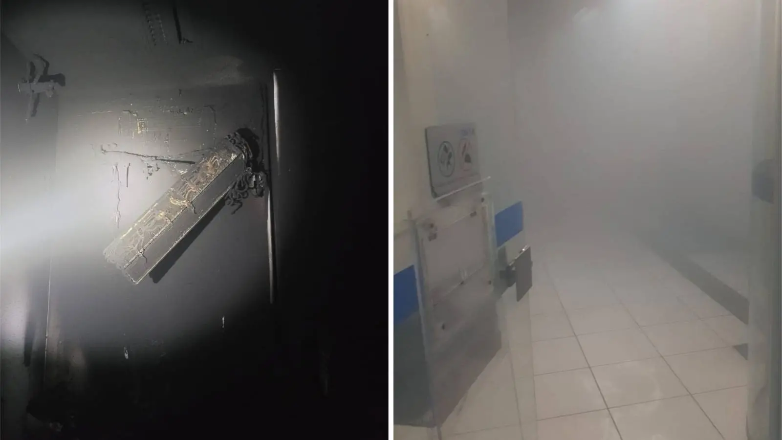 Montagem de duas imagens mostra aparelho de ar-condicionado danificado e fumaça após curto-circuito ser registrado em agência da Caixa em Boa Viagem no dia 14 de dezembro de 2022