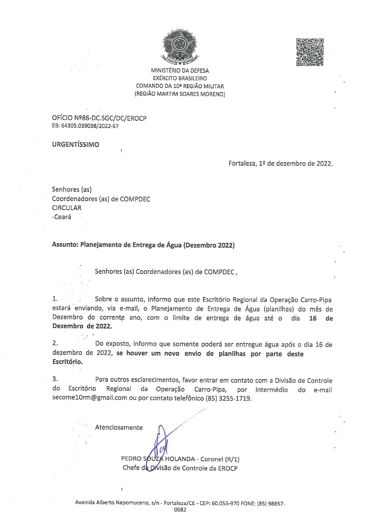 Ofício do Exército sobre a paralisação dos Carros-Pipa