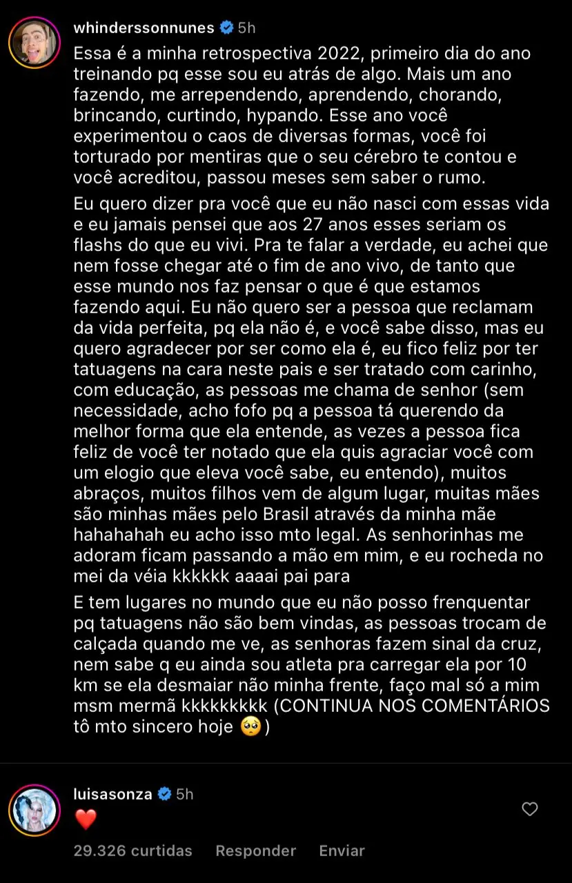 post de whindersson nunes com comentário de luisa sonza