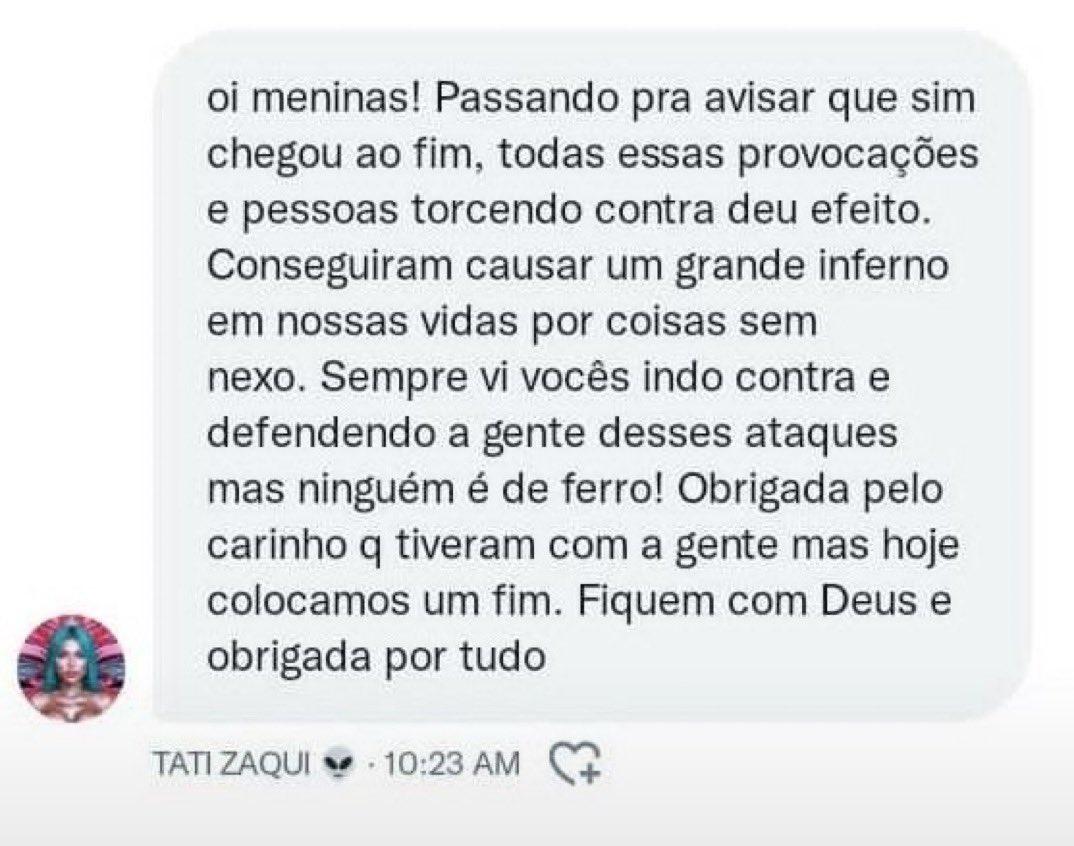 Print de mensagem onde Tati Zaqui estaria confirmando término com Thomaz Costa