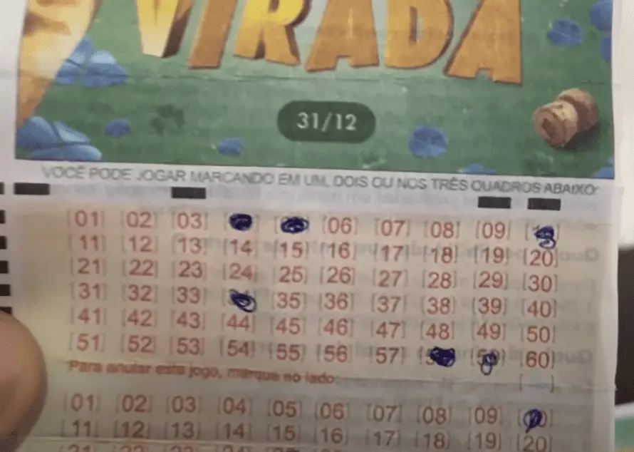 Bilhete da Mega da Virada que não valeu, feito por menino de 10 anos da Paraíba,  que escolheu números sorteados