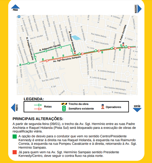 Mapa de desvios durante obras na avenida sargento hermínio em Fortaleza