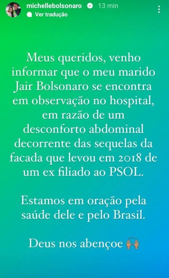 A ex-primeira-dama se pronunciou sobre o estado de saúde de Bolsonaro