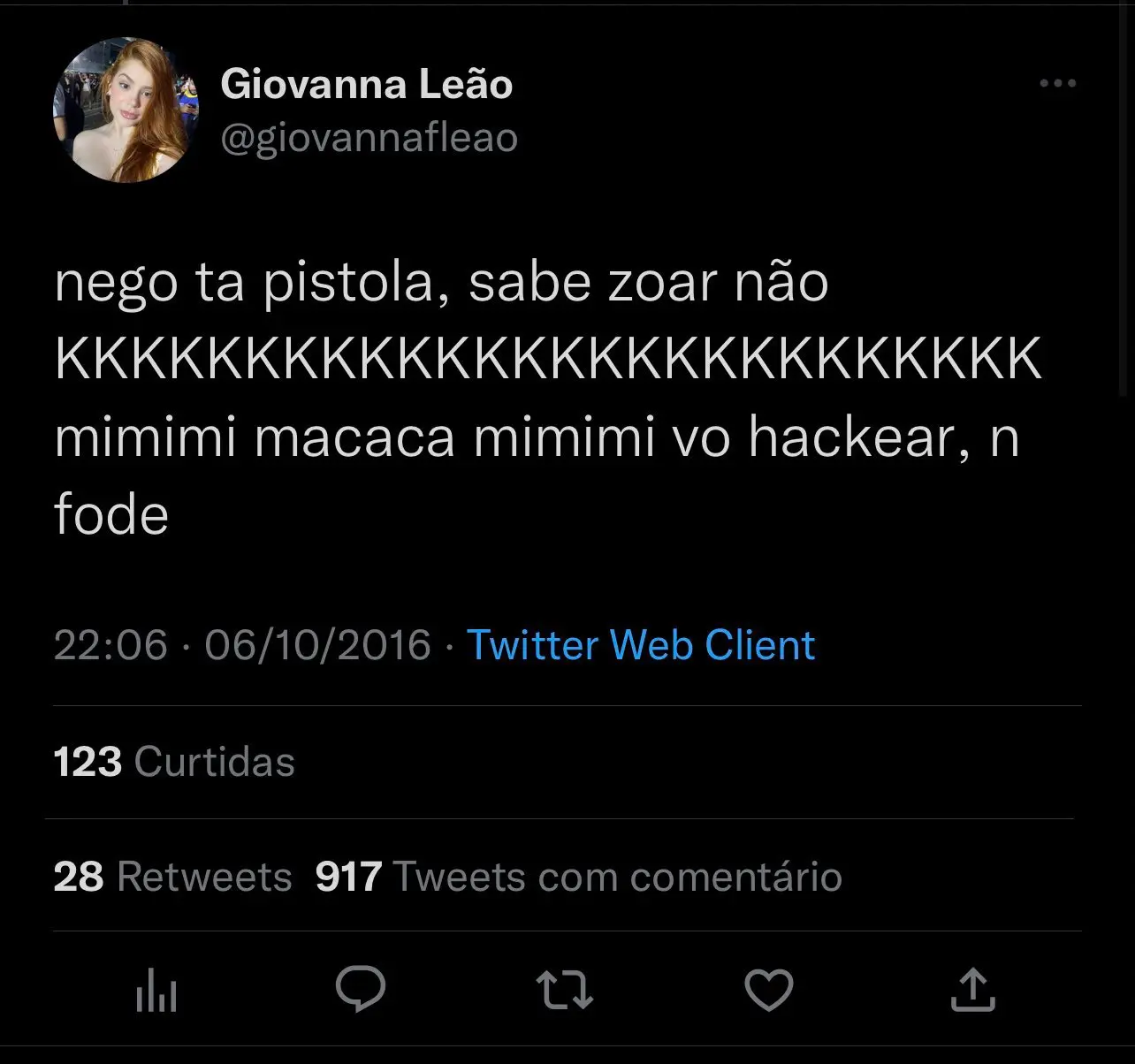 Tuíte de Giovanna Leão da Casa de Vidro