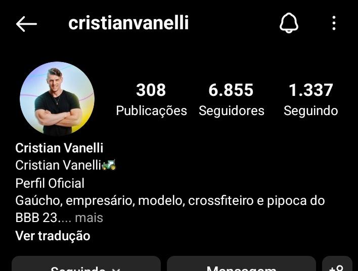 Print do perfil de Cristian do BBB 23  no Instagram