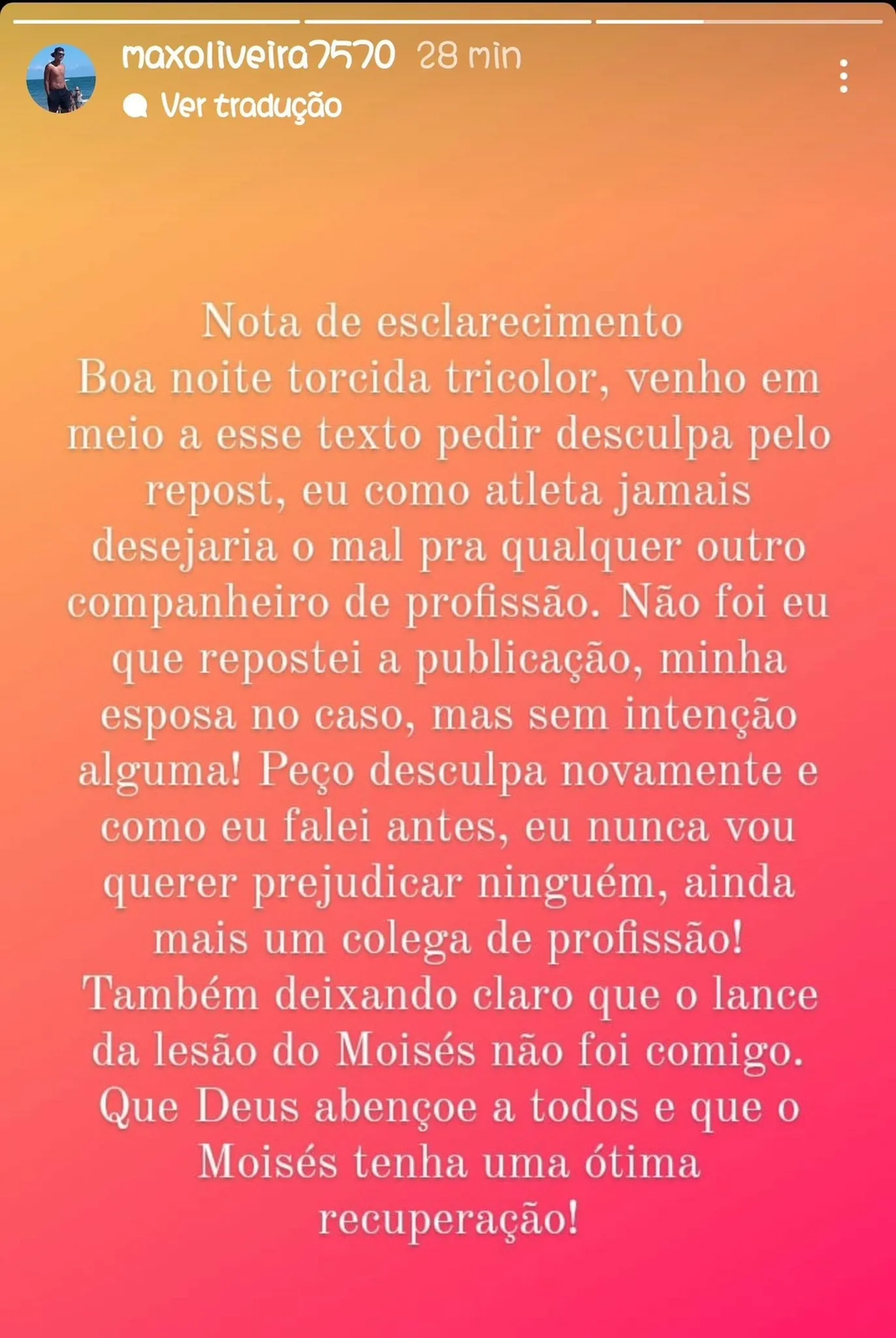 Nota de esclarecimento divulgada nas redes sociais do zagueiro Max Oliveira