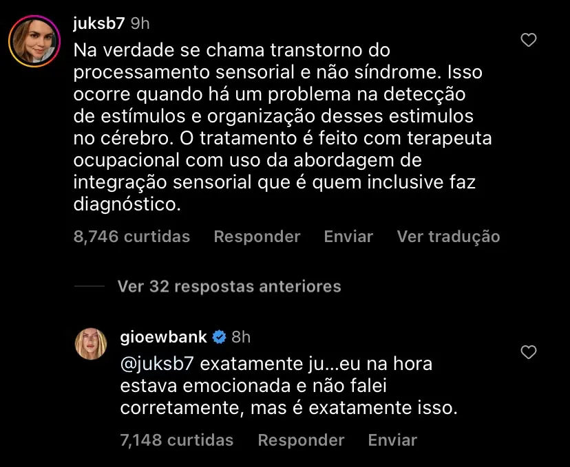 Print mostra comentário de Giovanna Ewbank em publicação do Instagram sobre transtorno sensorial de Bless