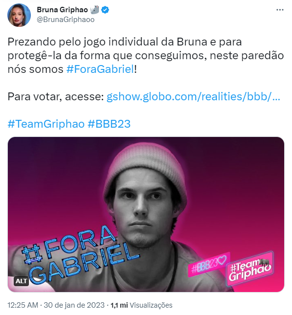 Redes sociais de Bruna Griphao se posicionam a favor de saída de Gabriel do BBB 23
