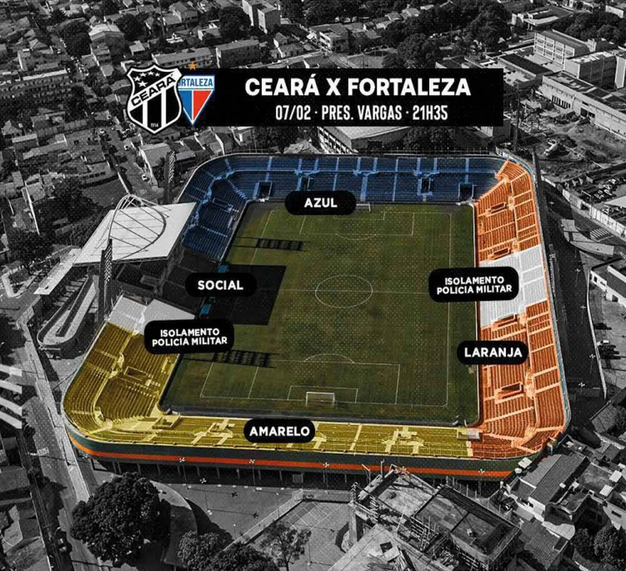 Divisão das torcidas de Ceará e Fortaleza no Clássico-Rei do estádio Presidente Vargas (PV)