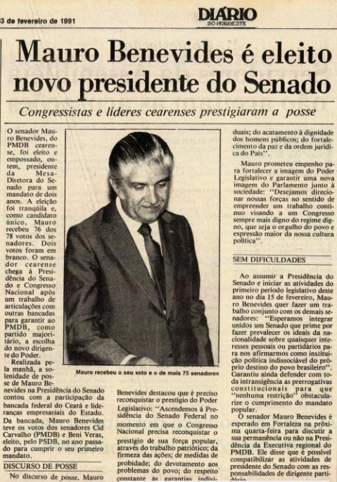 Em 3 de fevereiro de 1991, o Diário do Nordeste noticiou a vitória de Benevides