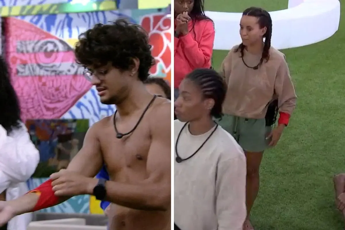 Gabriel e Tina com pulseira vermelha do paredão do big fone