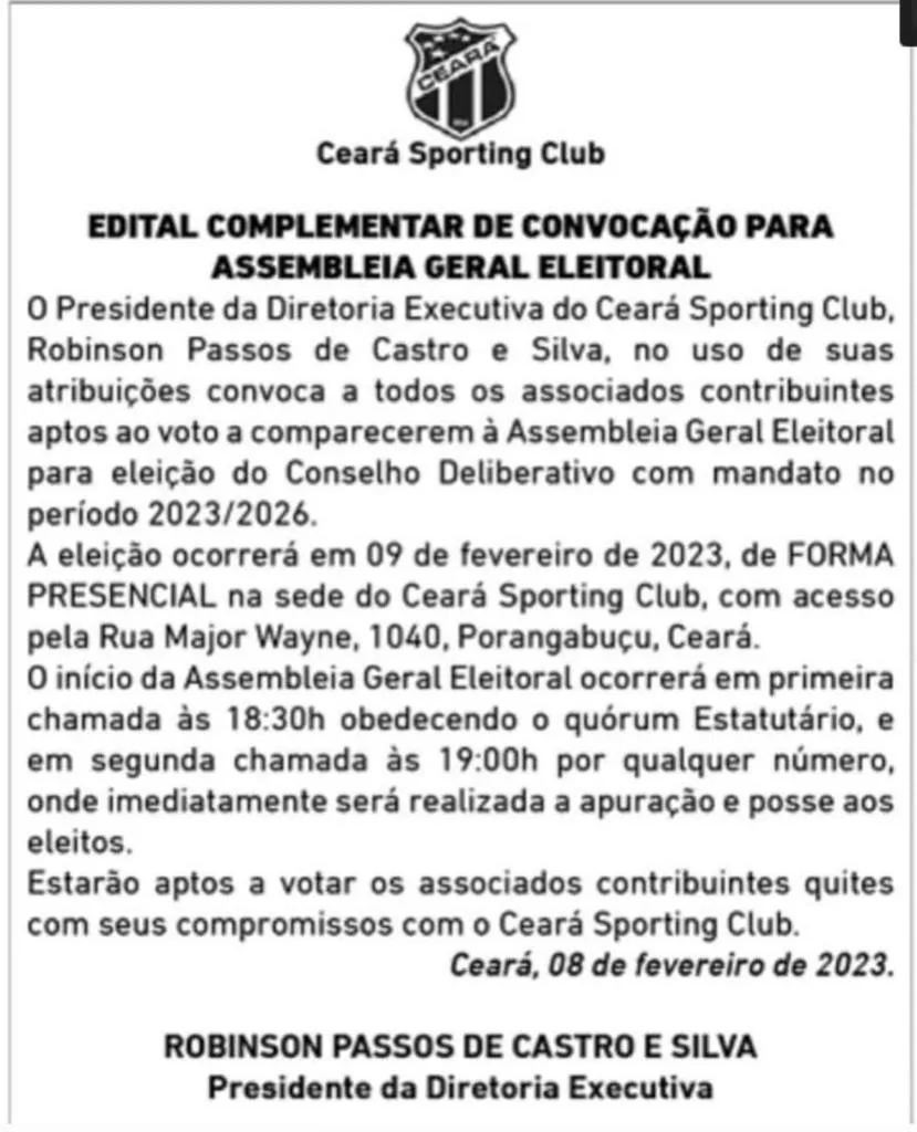 Edital complementar de convocação para assembleia geral eleitoral