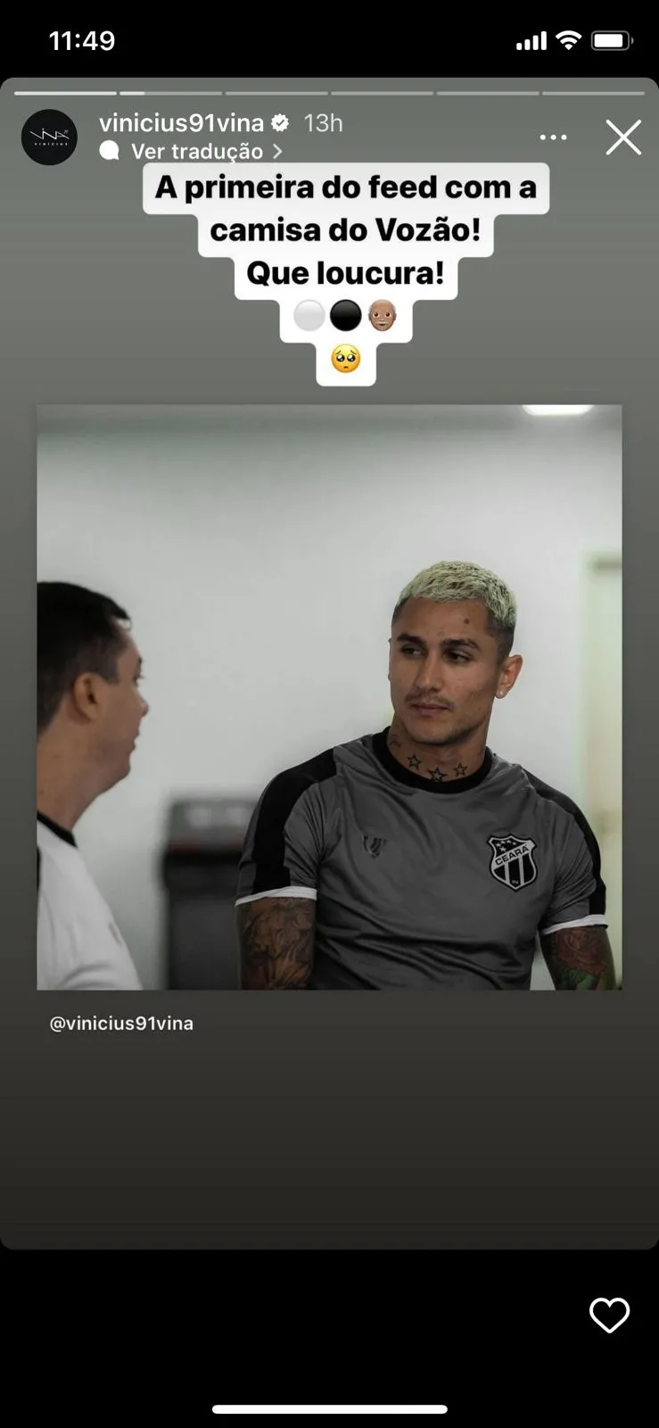Vina relembrou as primeiras publicações com a camisa do Ceará