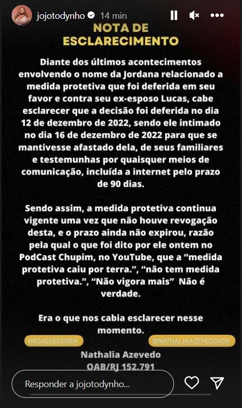 Advogada de Jojo se pronunciou