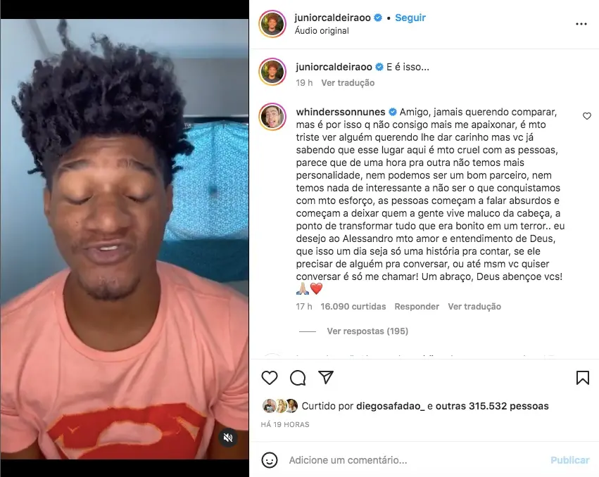 Comentário de Whindersson Nunes no post de Júnior Caldeirão