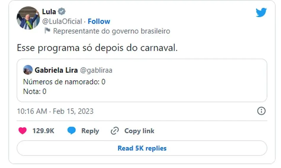 Lula respondeu o tuíte de forma bem-humorada