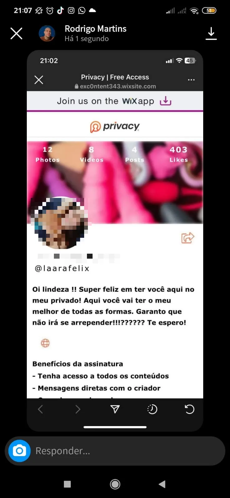 Foto de perfil de Lara foi incluída em site falso de conteúdo adulto