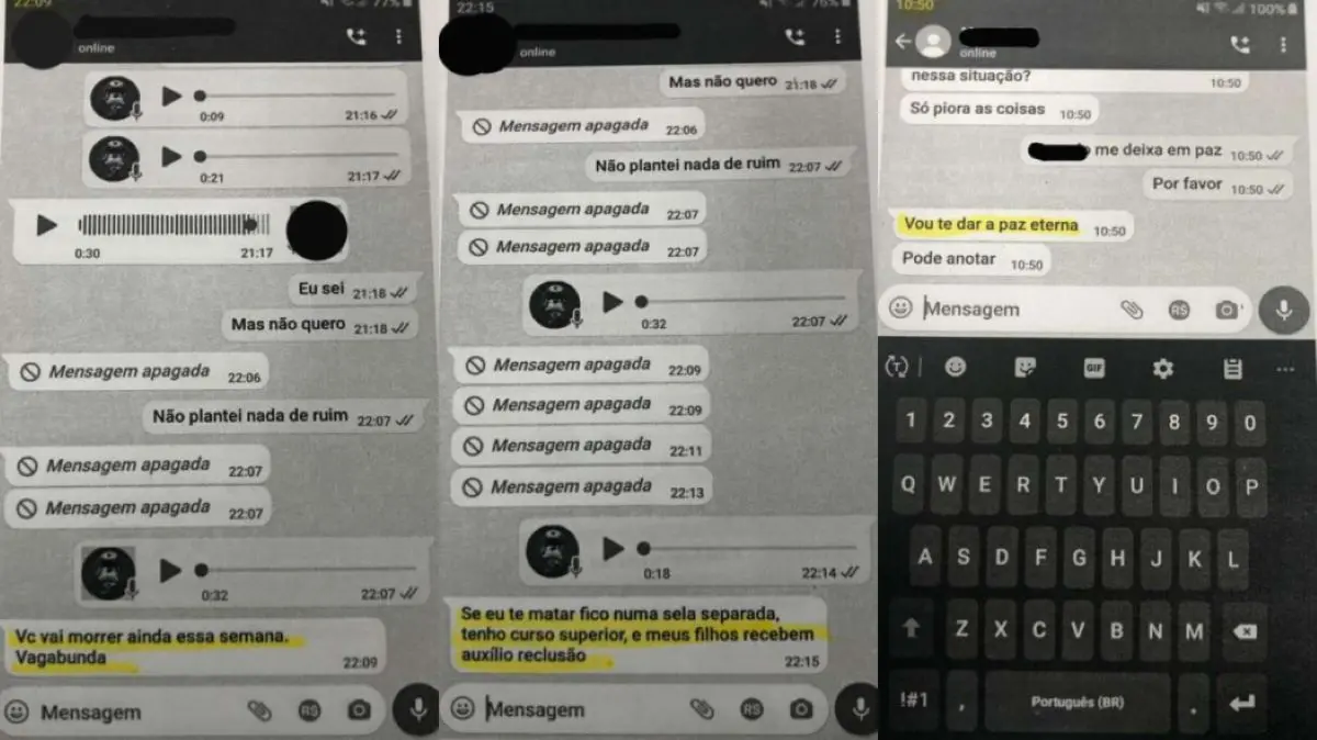 Capturas de tela de homem ameaçando a ex-namorada de morte em Fortaleza