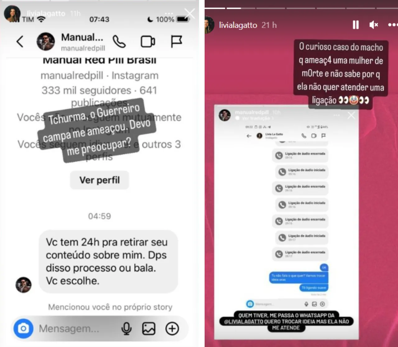Atriz Livia La Gatto compartilhou ameaça que recebeu de coach