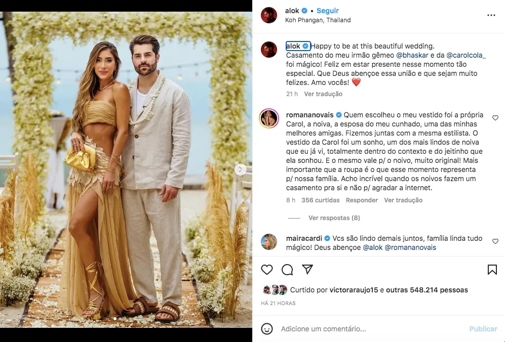 Romana Novais e Alok no casamento do cunhado, Bhaskar Petrillo, irmão gêmeo do DJ, com Carol Cola, na Tailândia