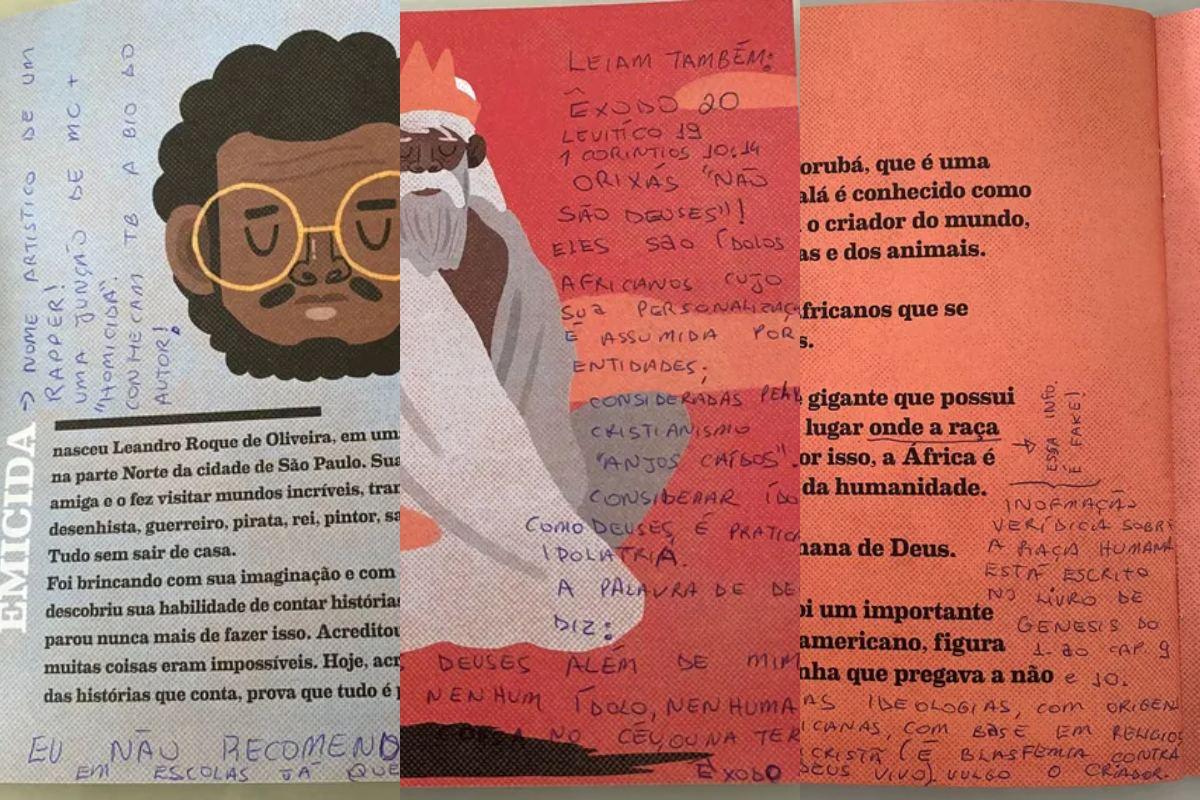 Páginas do livro Amoras vandalizadas com intolerância religiosa