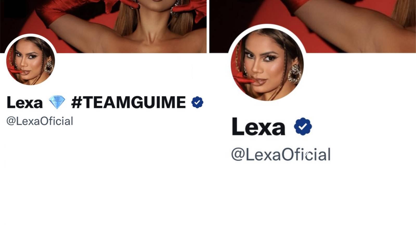 Montagem mostra antes e depois de Lexa retirar a hashtag teamguime do nome de usuário do Twitter