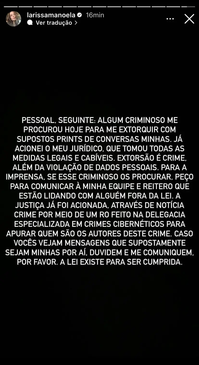 Print do stories de Larissa Manoela