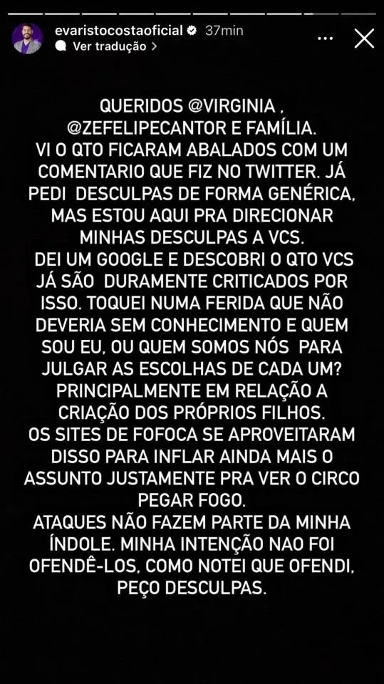 Jornalista escreveu pedido de desculpas no Instagram