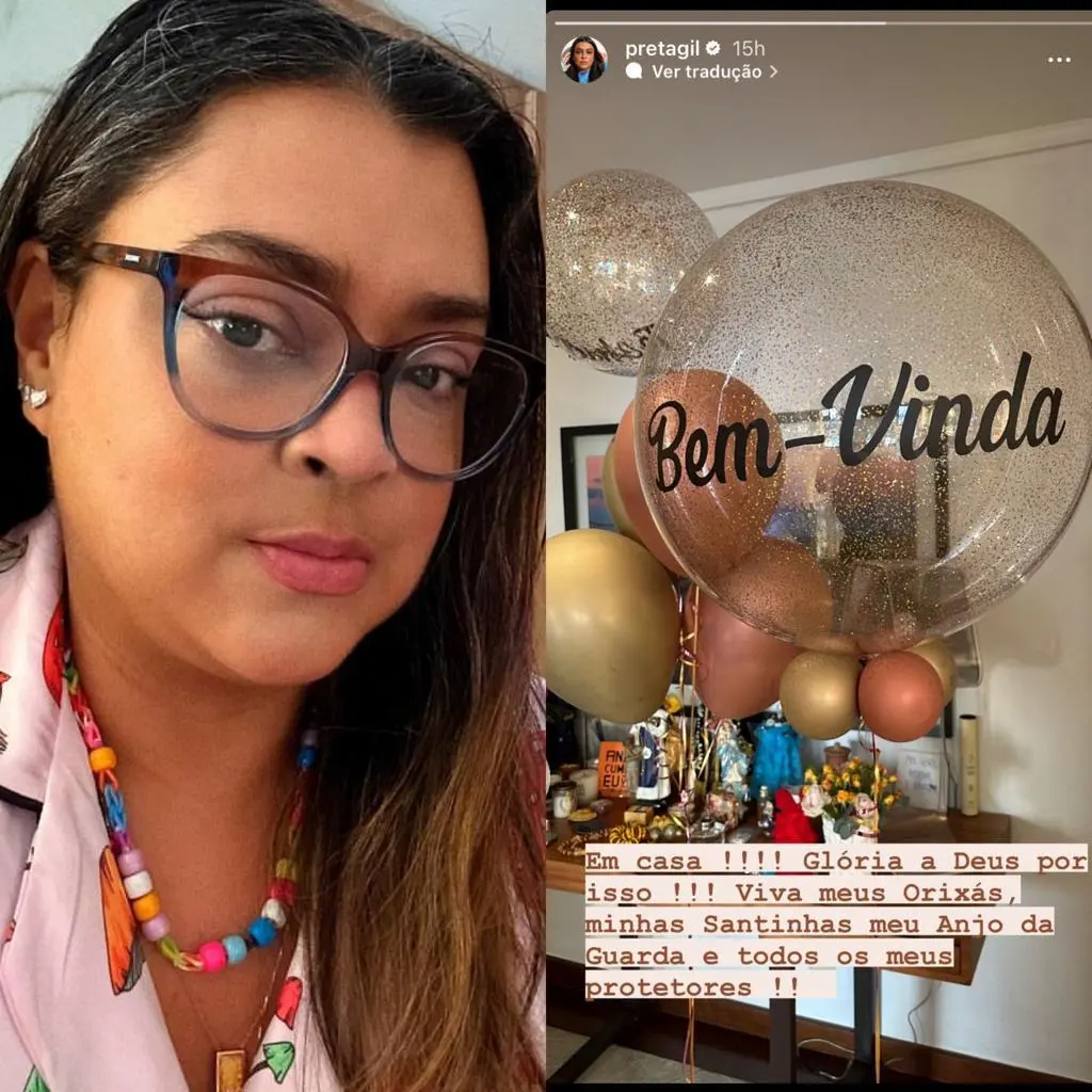 montagem com selfie de preta gil e storie da cantora