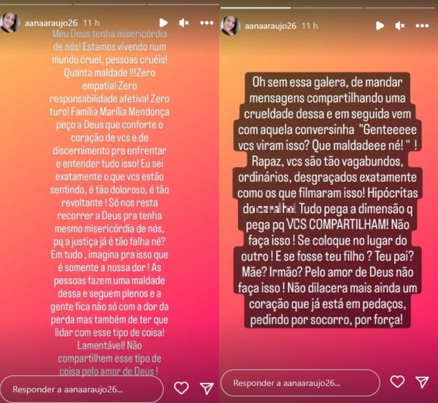 Irmã do cantor Cristiano Araújo lamentou, via stories do Instagram, vazamento de fotos da autópsia de Marília Mendonça