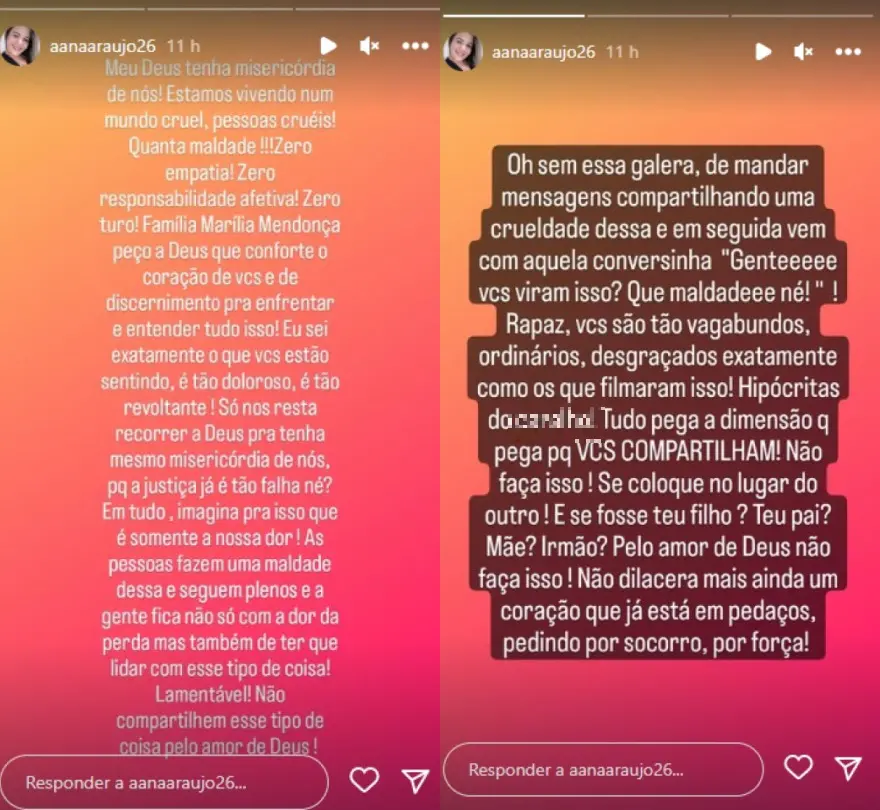 Irmã do cantor Cristiano Araújo lamentou, via stories do Instagram, vazamento de fotos da autópsia de Marília Mendonça