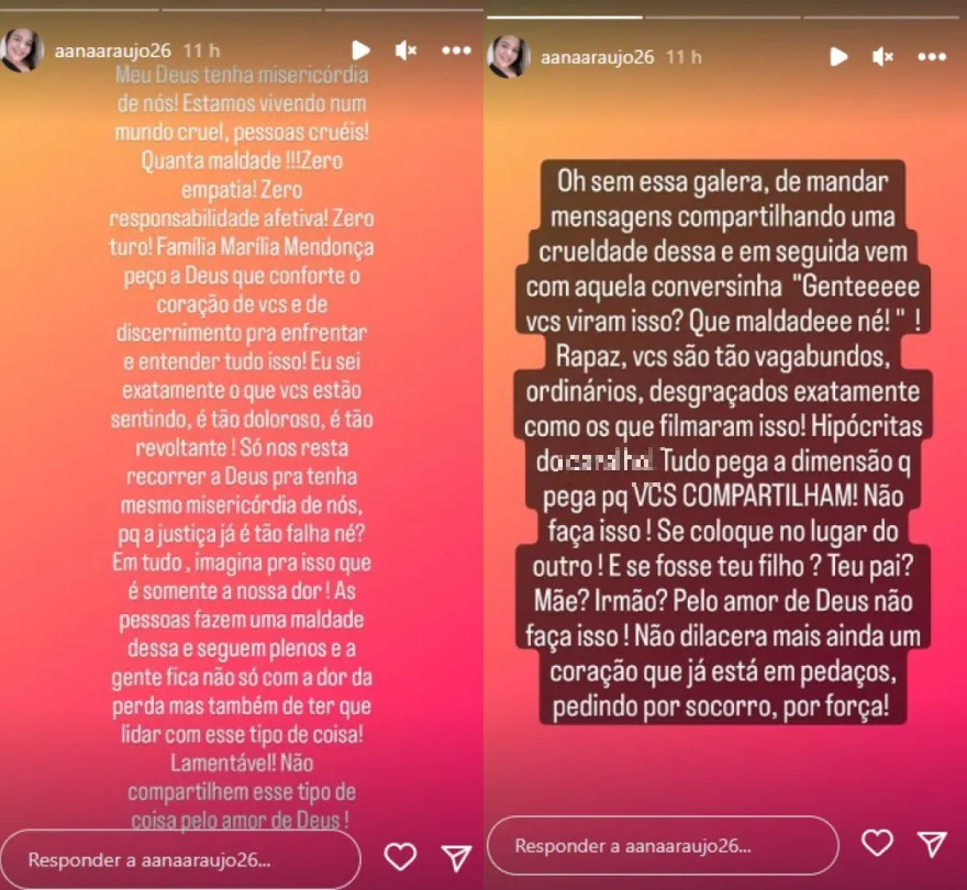 Irmã do cantor Cristiano Araújo lamentou, via stories do Instagram, vazamento de fotos da autópsia de Marília Mendonça