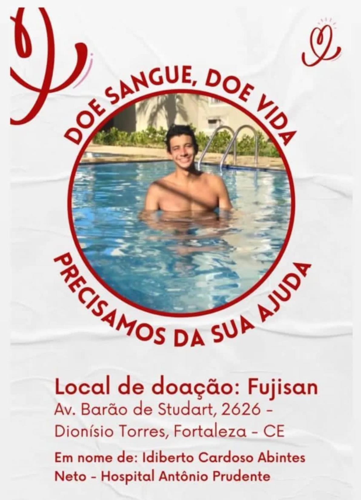 Campanha pede doação de sangue para Idiberto Cardoso Abintes Neto, jovem baleado em tentativa de assalto realizada em 14 de abril de 2023 em Fortaleza