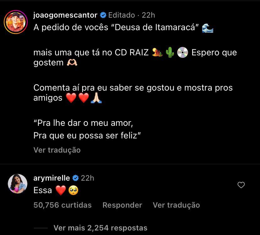 reprodução de post do instagram com comentário de ary mirelle