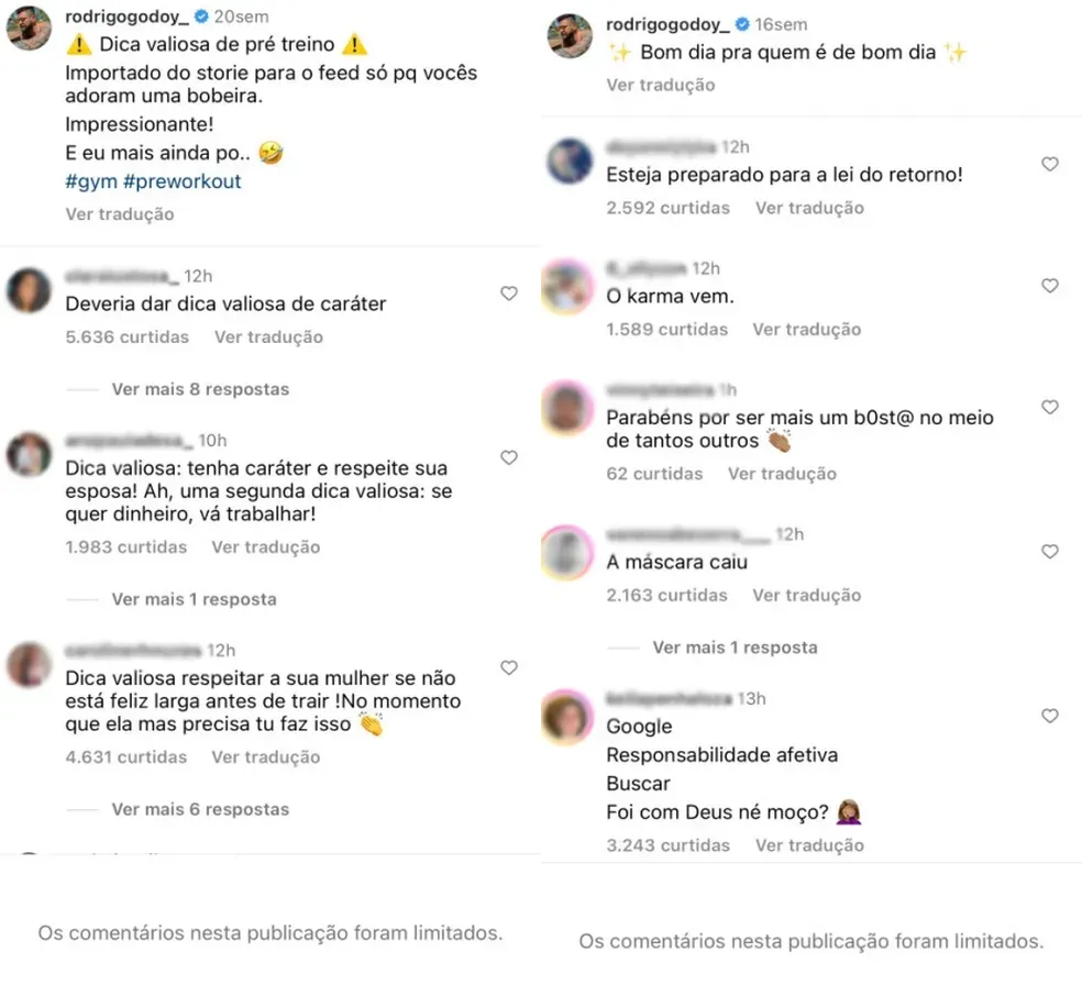 Rodrigo Godoy recebeu muitas críticas nos comentários do Instagram antes de fechar a conta