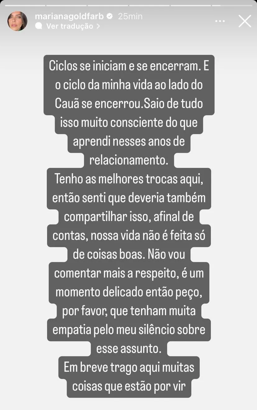 Mariana Goldfarb publicou texto nas redes sociais