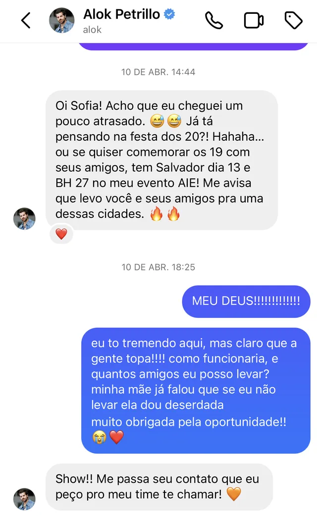 Alok responde a mensagem de Sofia Espanha e a convida para show
