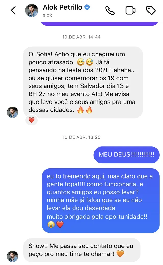Alok responde a mensagem de Sofia Espanha e a convida para show