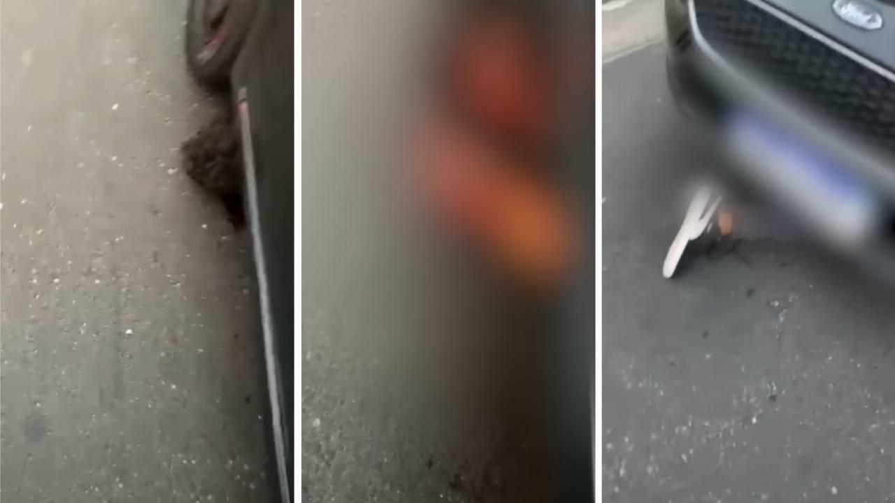 Montagem com três trechos de vídeos feitos por motorista de aplicativo investigado por atropelar jovem suspeito de furto, no dia 25 de abril, na região central da cidade de São Paulo
