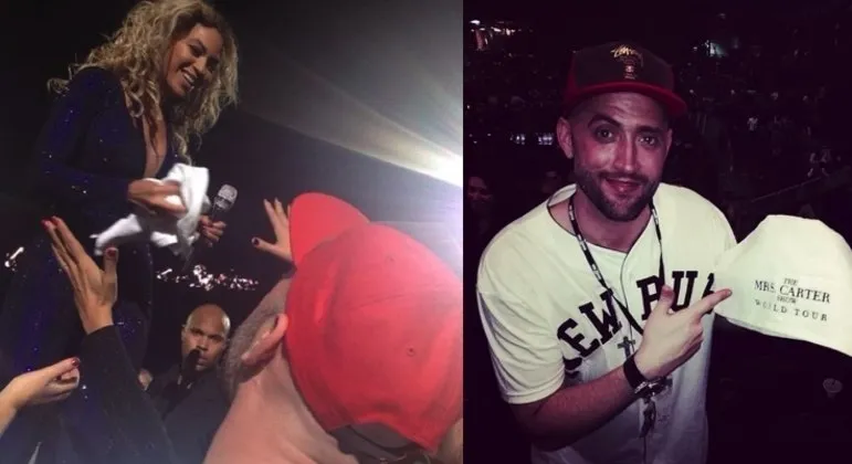 Paulo Gustavo com a toalha que ganhou de Beyoncé na 'The Mrs. Carter Show World Tour'. Ele sempre fazia questão de estar na frente do palco para ficar perto da diva