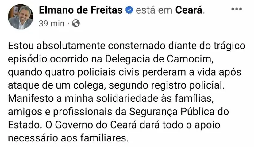 elmano fala sobre morte de policiais em Camocim