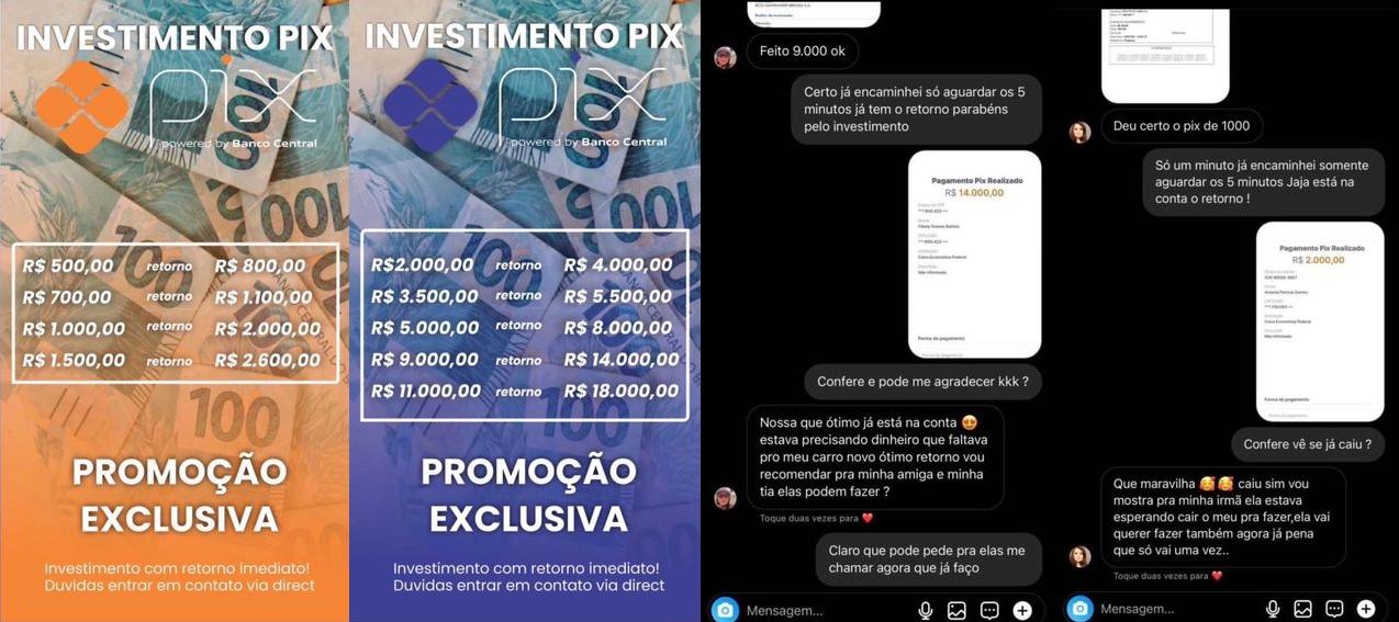 Prints de tela de golpe do pix postados na conta da influenciadora digital Mila Costa