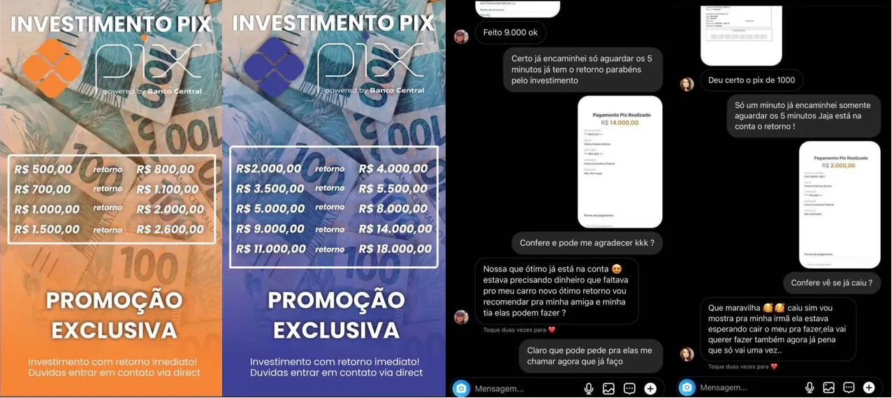 Publicações feitas nos stories do Instagram de Mila Costa quando hackearam a conta da influenciadora digital cearense