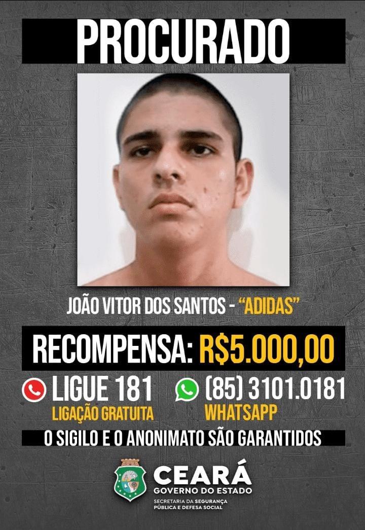 SSPDS paga R$ 5 mil de recompensa por informações sobre a localização de 'Adidas', que está foragido desde fevereiro deste ano