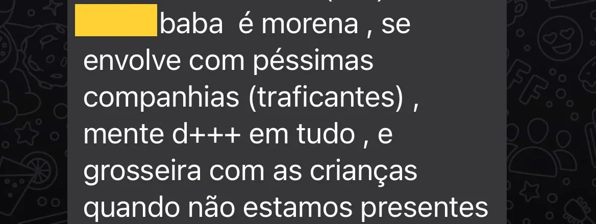 Mensagem de ex-patroa com conteúdo difamatório sobre ex-funcionária em grupo de WhatsApp. A mensagem contém o seguinte texto: 