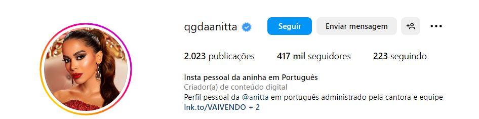 Anitta deve utilizar a conta @QGdaAnitta para publicações em português
